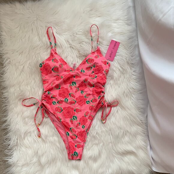 BETSEY JOHNSON Rose V-Neck Cinched Sides One Piece Swimsuit in Pink/Red Sz M - Picture 1 of 8